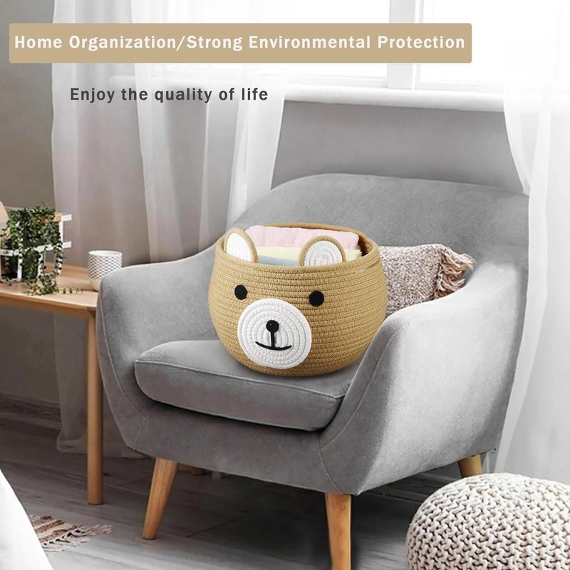 PandaEar Cotton Rope Baby Basket, Baby Gift Basket Nursery Laundry Organizer with Cute Bear Design for Storage Infant Newborn Essentials, Diaper Caddy with Handle (Brown) - Image 2